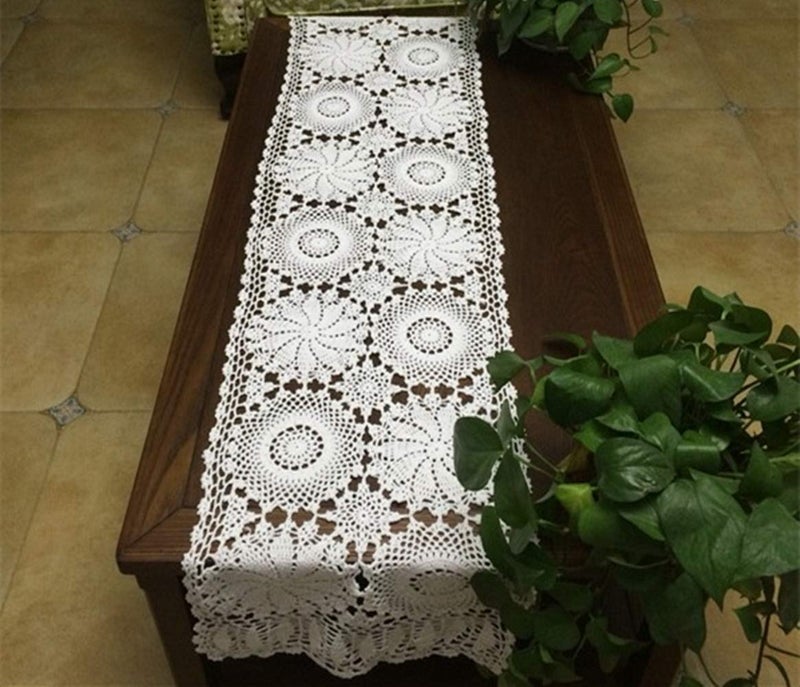 USTIDE Rustic Floral Table Runner Hand Crochet Table Doily White Cotton Lace Home Decoration for Coffee Table Dresser Cabinet 15"X70" - Image 5